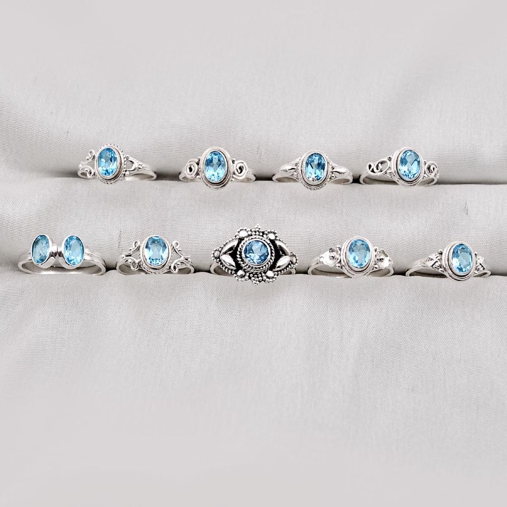 14.62cts wholesale lot of 9 natural blue topaz 925 silver ring size 6 - 8.5