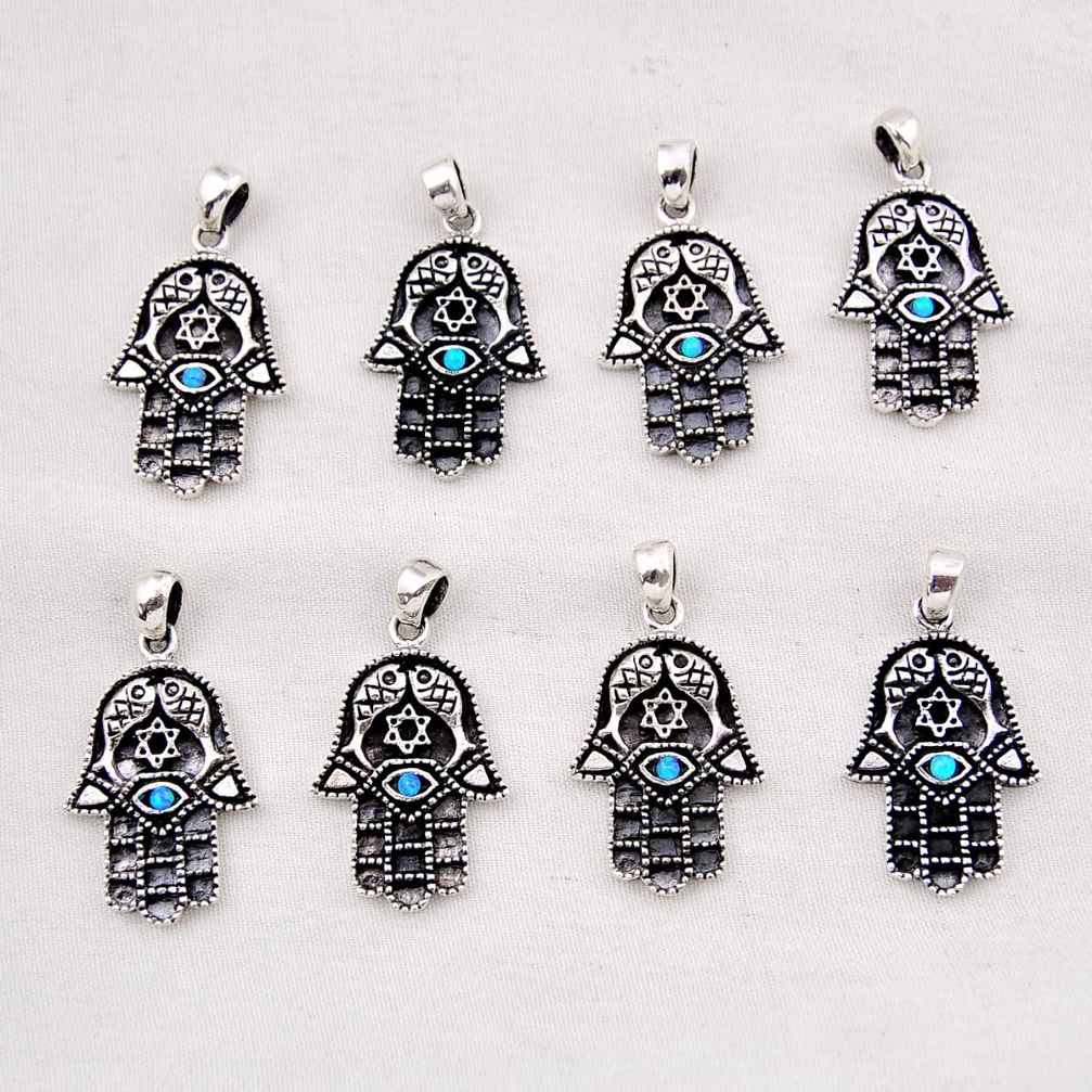 Wholesale lot of 8 blue australian opal (lab) 925 silver hand of god hamsa pendant w2974