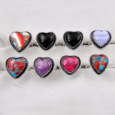 Wholesale lot of 8 natural multicolor multi gemstone 925 silver heart ring (size 7 - 8.5) w2976