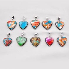 Wholesale lot of 10 natural multicolor multi gemstone 925 silver heart pendant w2989