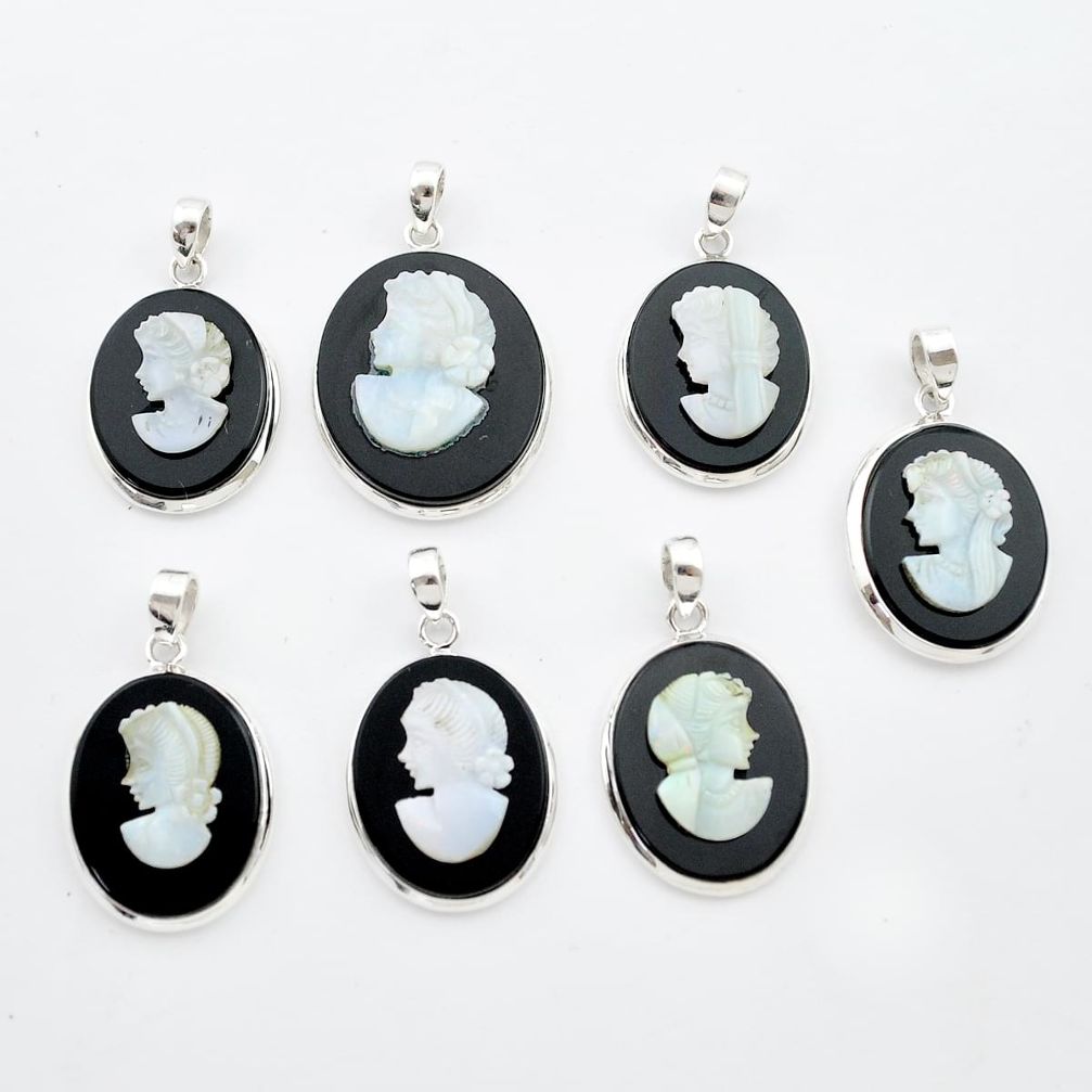 Wholesale lot of 7 cameo 925 sterling silver pendants