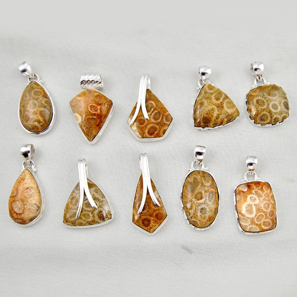 Wholesale lot of 10 natural brown fossil coral (agatized) petoskey stone 925 silver pendant w3047