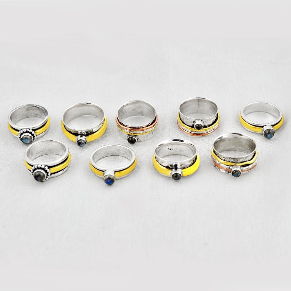 Wholesale lot of 9 natural blue labradorite 925 silver 14k gold ring (size 6.5 - 9)w3062