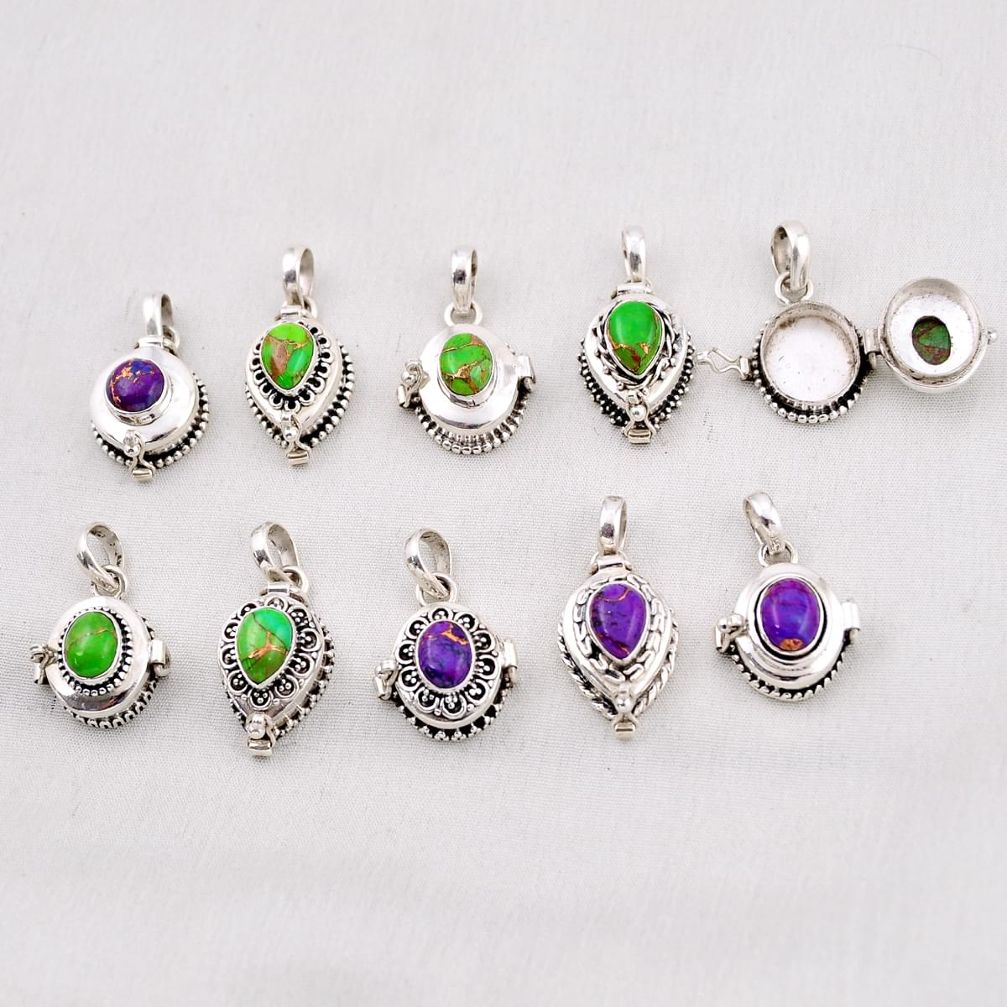 wholesale lot of 10 multicolor copper turquoise 925 silver poison box pendant W3071