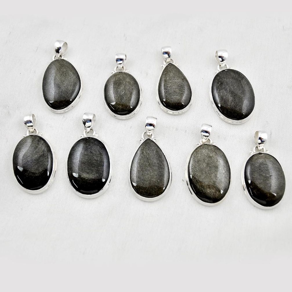 Wholesale lot of 9 natural golden sheen black obsidian 925 silver pendant w3104