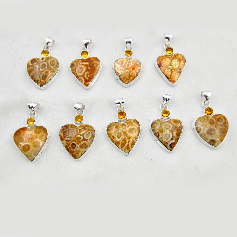 Wholesale lot of 9 natural yellow fossil coral (agatized) petoskey stone 925 silver pendant w3105