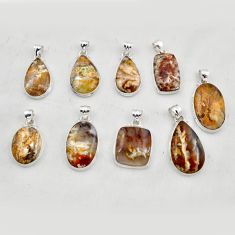 Wholesale lot of 9 natural yellow plume agate 925 silver pendant w3111
