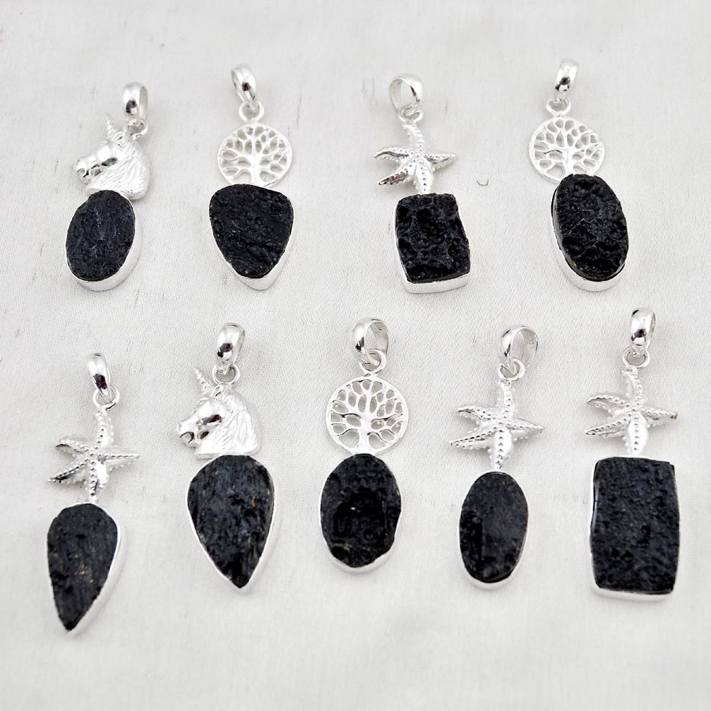 Wholesale lot of 9 natural black tourmaline rough 925 silver pendant w3113