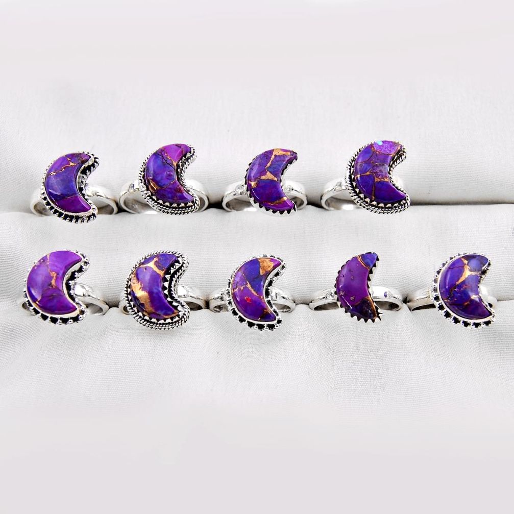 Wholesale lot of 9 purple copper turquoise 925 silver moon ring (size 6.5 - 8.5) w3128