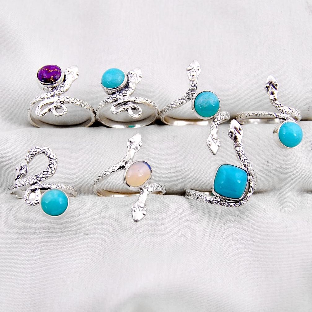 Wholesale lot of 7 natural multicolor multi gemstone 925 silver snake ring (size 7.5 - 10) w3137