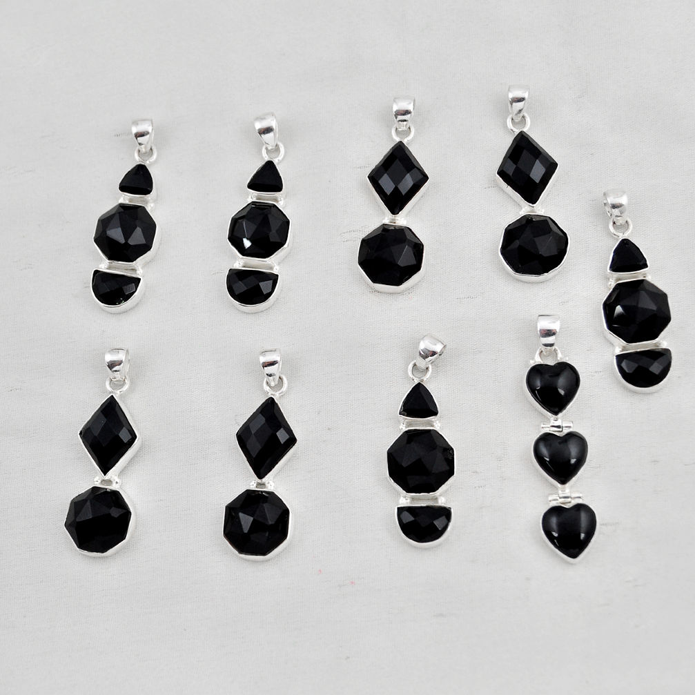 wholesale lot of 9 natural black onyx 925 sterling silver pendant W3208