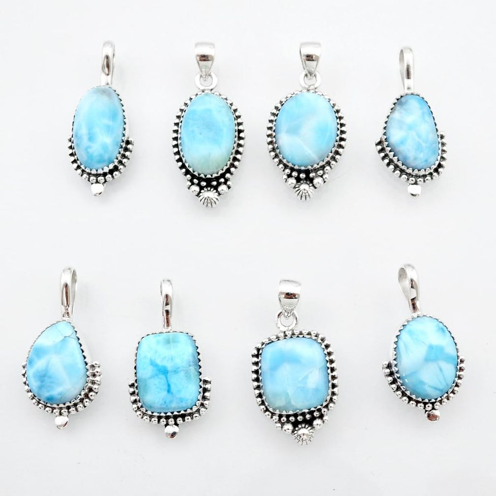 Wholesale lot of 8 natural blue larimar 925 sterling silver pendants