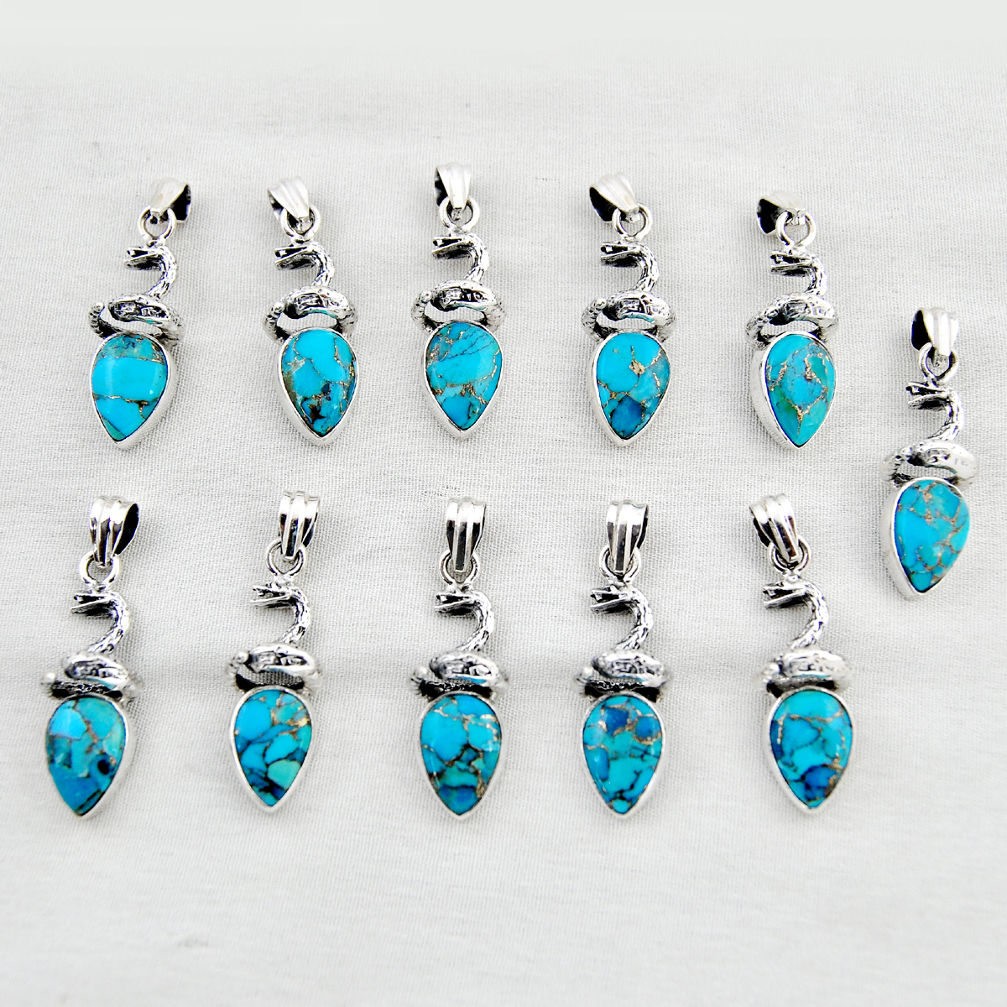 Wholesale lot of 11 blue copper turquoise 925 silver snake pendant w3254