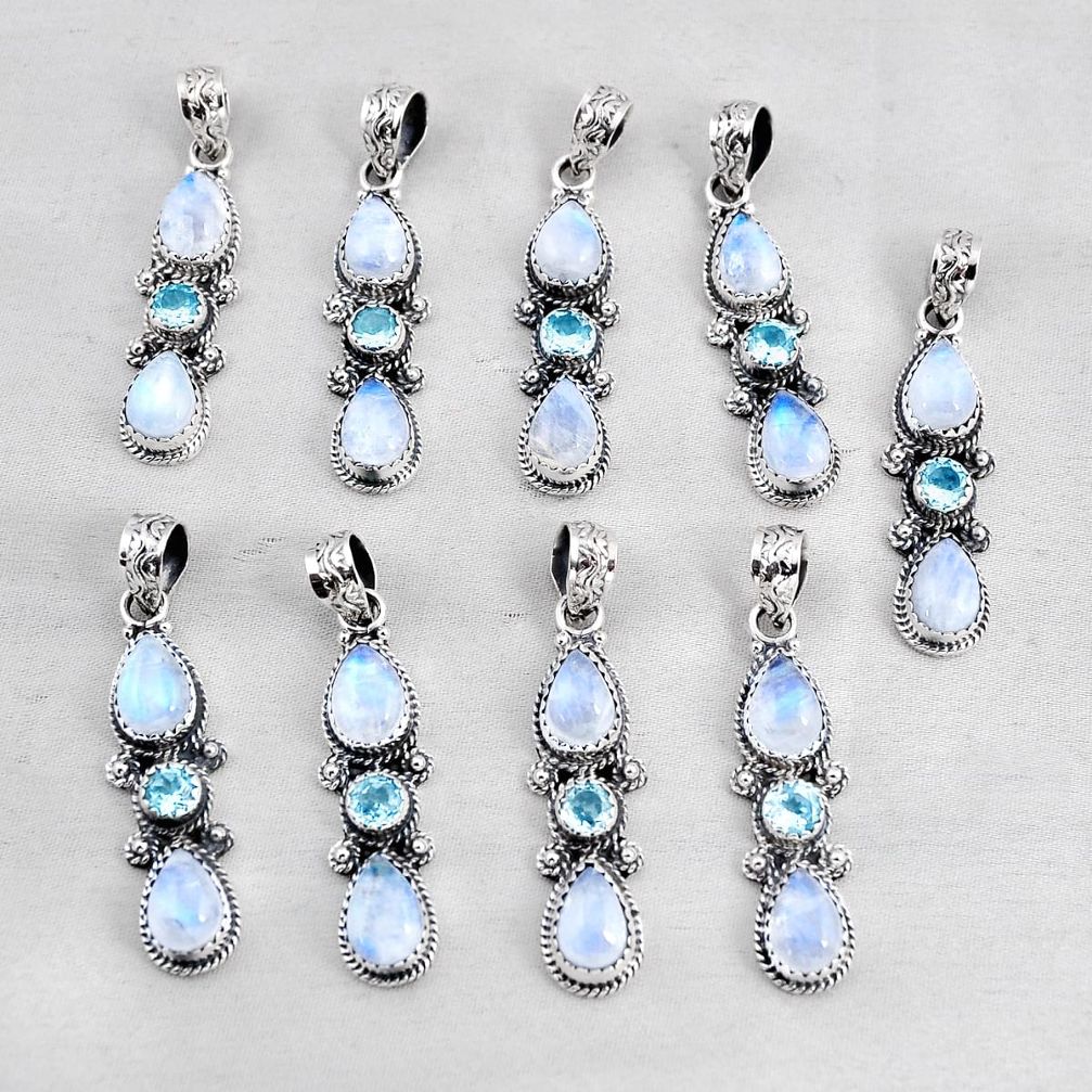 Wholesale lot of 9 natural rainbow moonstone topaz 925 silver pendant w3428