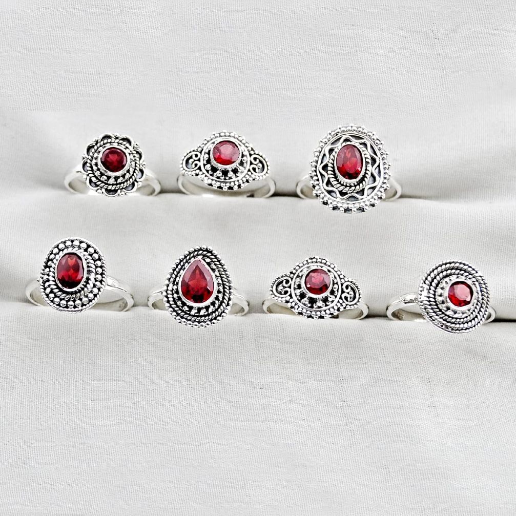Wholesale lot of 7 natural red garnet 925 silver ring (size 6.5 - 8) w3538