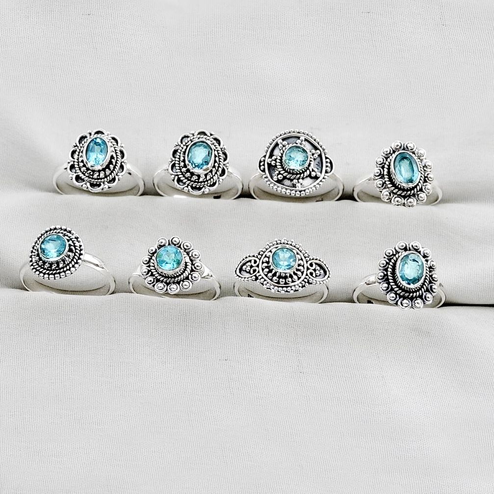 Wholesale lot of 8 natural blue topaz 925 silver ring (size 6.5 - 8.5) w3547