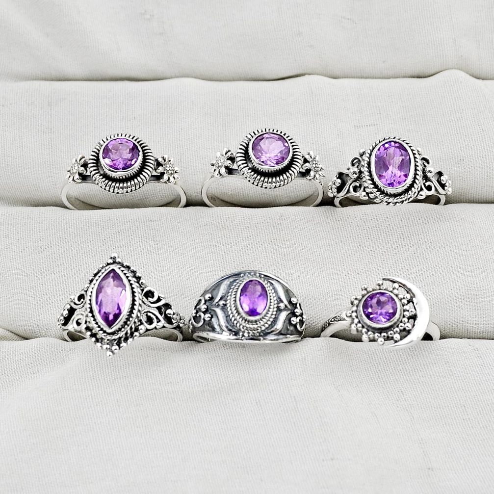 Clearance Sale- Wholesale lot of 6 natural purple amethyst 925 silver ring (size 4 - 8) w3559