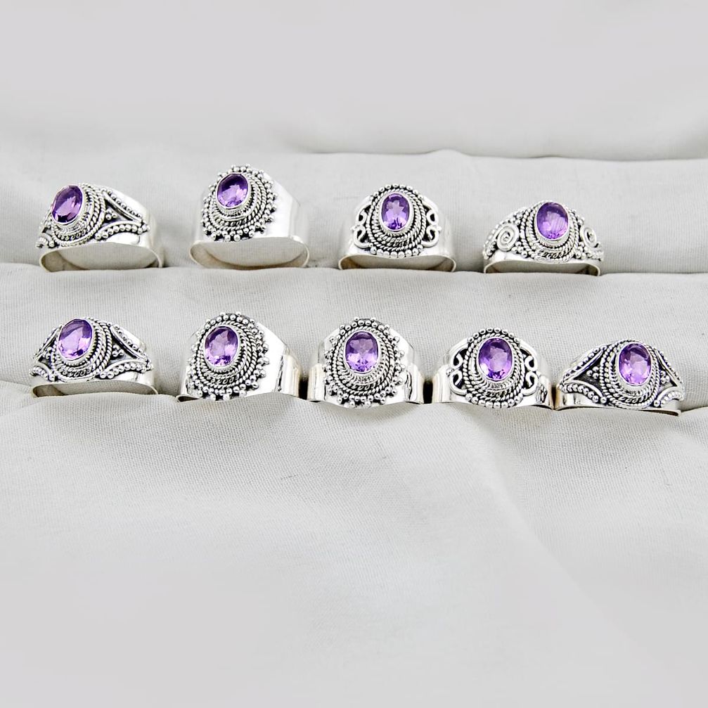 Clearance Sale- Wholesale lot of 9 natural purple amethyst 925 silver ring (size 7.5) w3565