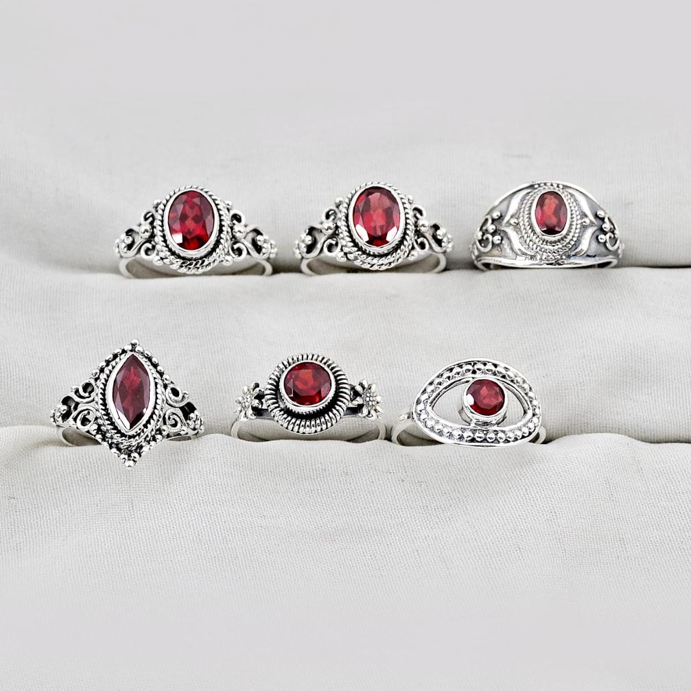Wholesale lot of 6 natural red garnet 925 silver ring (size 5 - 8) w3581
