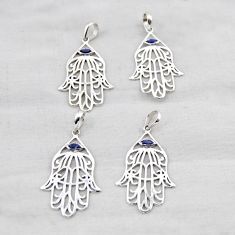 Wholesale lot of 4 natural blue iolite 925 silver hand of god hamsa pendant w3592