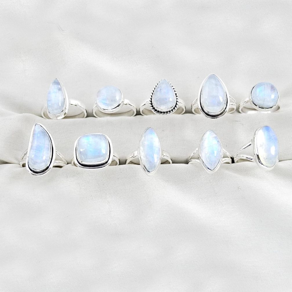 Wholesale lot of 10 natural rainbow moonstone 925 silver ring (size 6.5 - 8.5) w3604