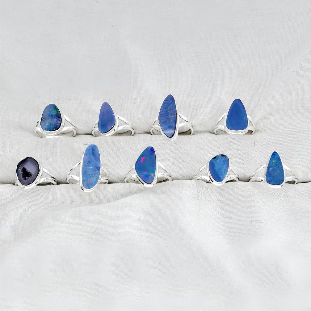 Wholesale lot of 9 natural blue doublet opal australian 925 silver ring (size 5.5 - 9) w3636