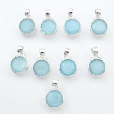 Wholesale lot of 9 natural blue aquamarine 925 sterling silver round pendants