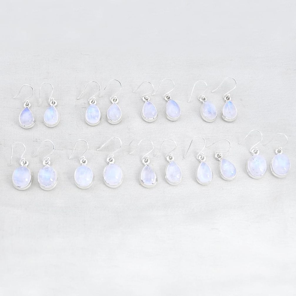 Wholesale lot of 9 natural rainbow moonstone 925 silver earrings w3640