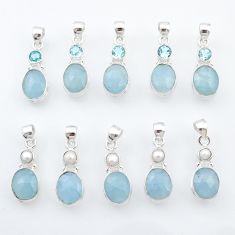 Wholesale lot of 10  blue aquamarine,topaz and pearl 925 silver pendant