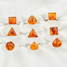 wholesale lot of 9 natural orange baltic amber 925 silver ring (size 6-9)