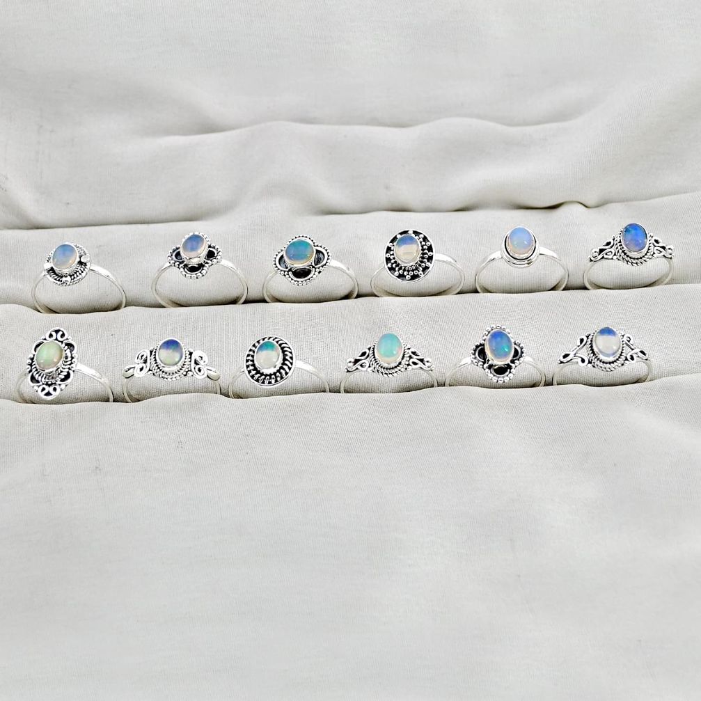 Wholesale lot of 12 natural multicolor ethiopian opal 925 silver ring (size 6.5 - 8.5) w3673