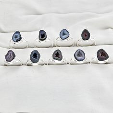 Wholesale lot of 9 natural brown geode druzy 925 silver ring (size 6.5 - 9) w3678