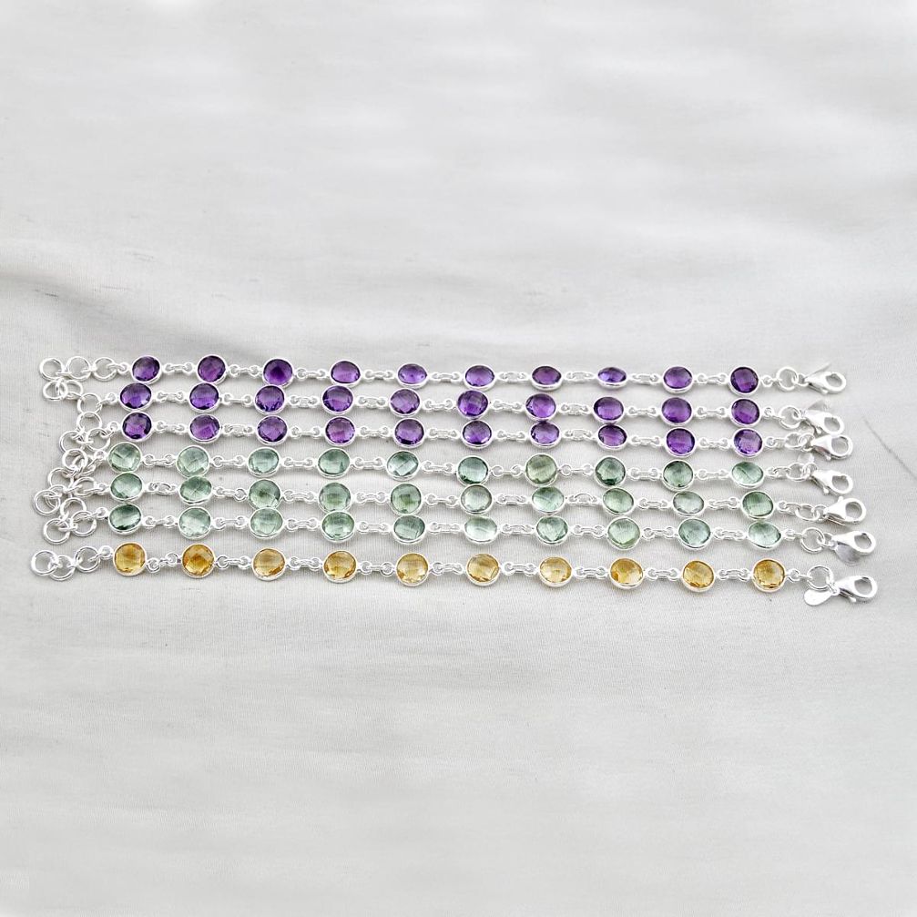Wholesale lot of 7 natural purple amethyst 925 silver bracelet w3695