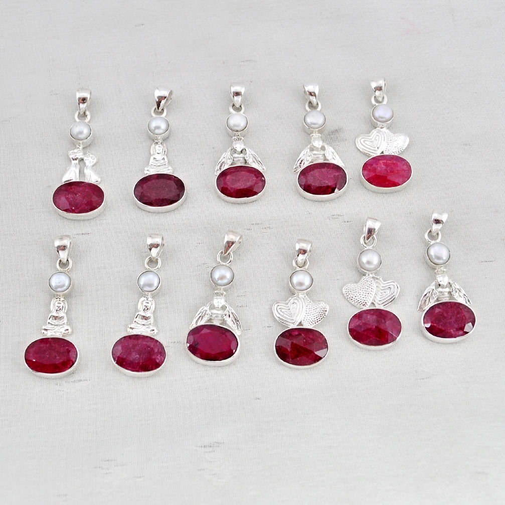 Wholesale lot of 11 natural pink ruby pearl 925 silver pendant w3714