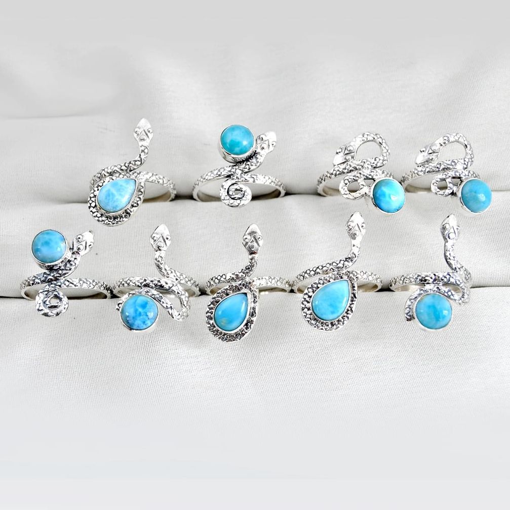 Wholesale lot of 9 natural blue larimar 925 silver snake ring (size 5.5 - 10) w3759