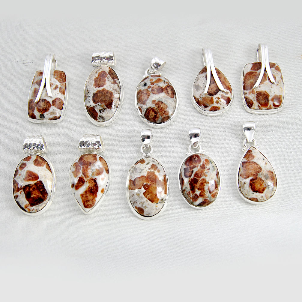 Wholesale lot of 10 natural brown garnet in limestone spessartine 925 silver pendant w3769