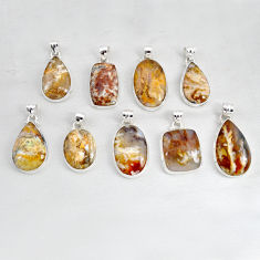 Wholesale lot of 9 natural multicolor plume agate 925 silver pendant w3772