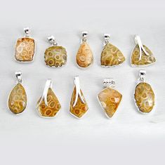 Wholesale lot of 10 natural yellow fossil coral (agatized) petoskey stone 925 silver pendant w3777