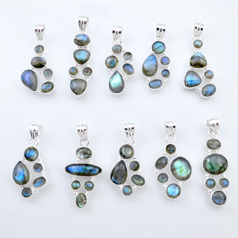 Wholesale lot of 10 natural blue labradorite multigemstone 925 silver pendants