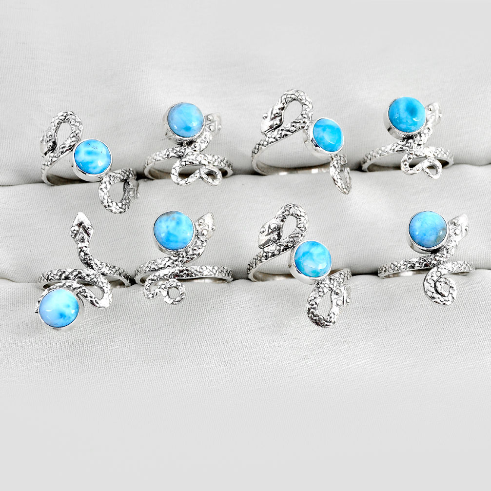 Wholesale lot of 8 natural blue larimar 925 silver snake ring (size 6.5 - 9) w3803