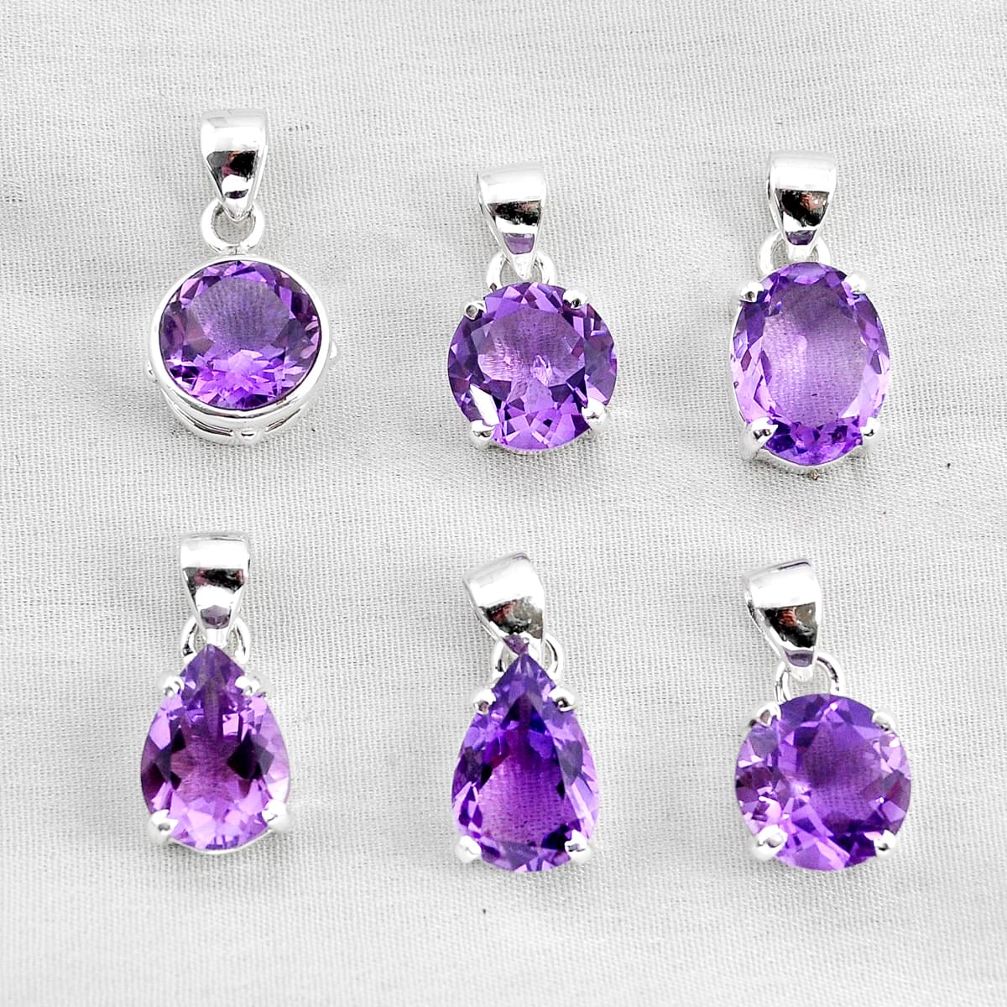 wholesale lot of 6 natural purple amethyst 925 sterling silver pendant W3809