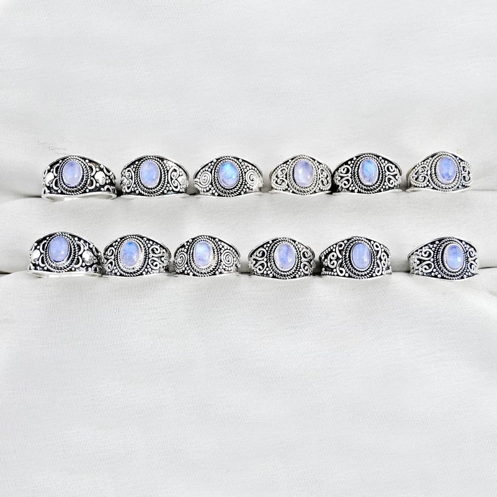 wholesale lot of 12 natural rainbow moonstone 925 silver ring (size 5.5 - 8.5) W3813