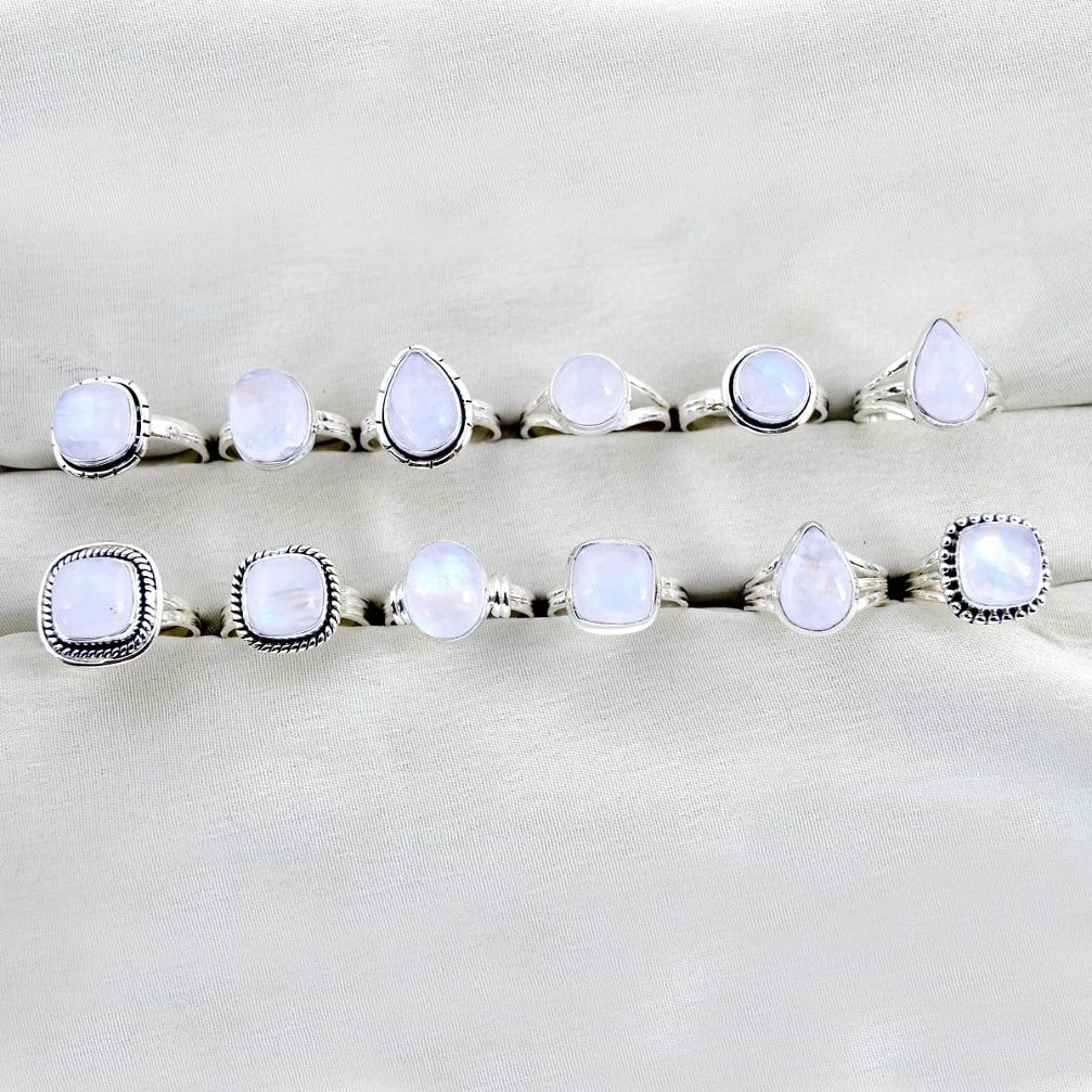 wholesale lot of 12 natural rainbow moonstone 925 silver ring (size 5.5 - 8) W3815