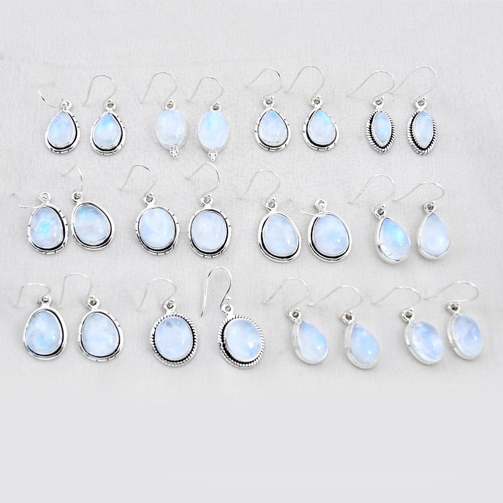 Wholesale lot of 12 natural rainbow moonstone 925 silver earrings w3837
