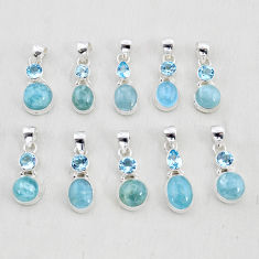 wholesale lot of 10 natural blue aquamarine topaz 925 silver pendant W3862