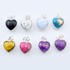 Wholesale lot of 8 natural multicolor multi gemstone 925 silver heart pendant