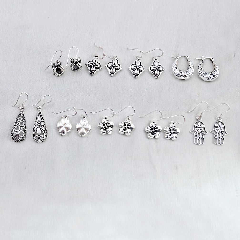 wholesale lot of 9 indonesian bali style solid 925 silver earrings W3908