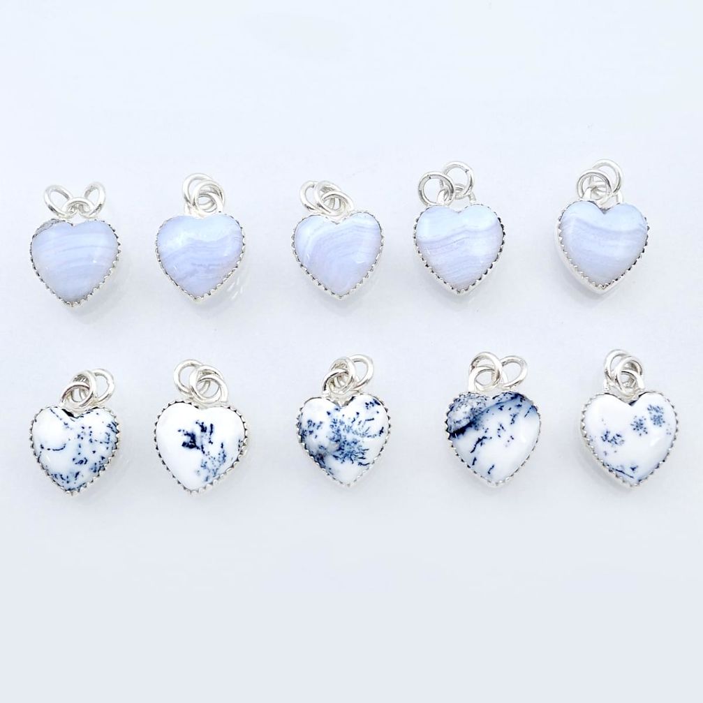 Wholesale lot of 10 natural multicolor multi gemstone 925 silver heart pendant