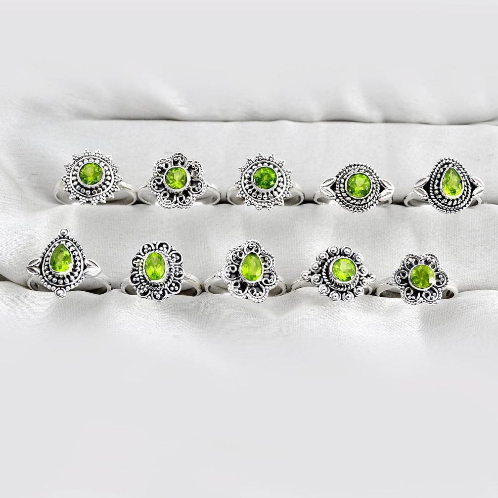 Wholesale lot of 10 natural green peridot 925 silver ring (size 7 - 8.5) w3943