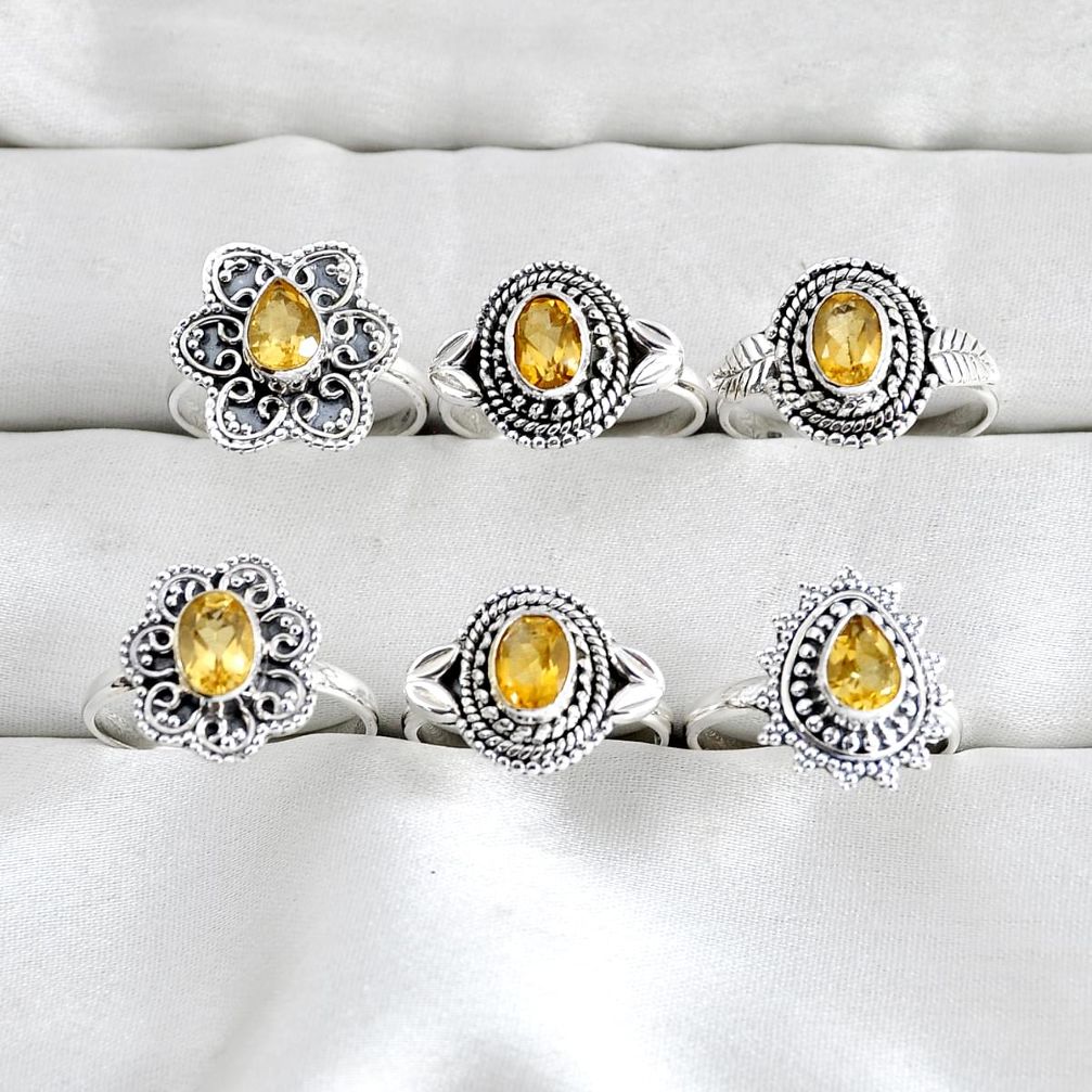 wholesale lot of 6 natural yellow citrine 925 silver ring size 6.5 - 8.5 W3954